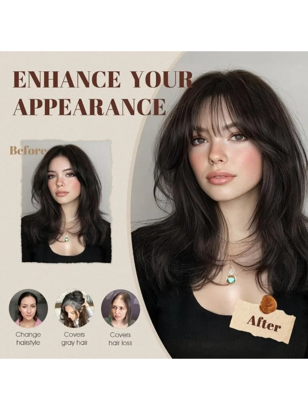 360° 3D Human Hair Topper for Thinning Hair - Ultra Thin Clip-In Bangs, 12 Inch